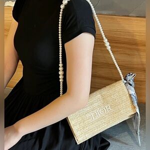 Dior Straw Shoulder Bag with Pearl Strap - Natural, White